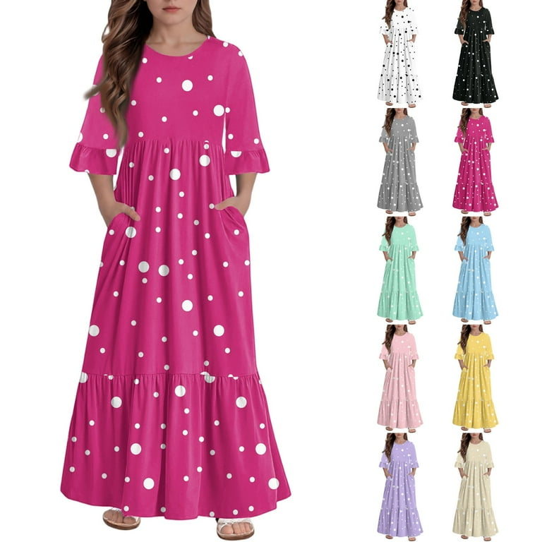 Abcomgle Girls Maxi Dresses 7-16 A-Line 3/4 Sleeve Maxi Dress Polka Dot  Crew Neck Sundresses Summer Tiered Dresses with Pockets,11-12 Years Hot Pink