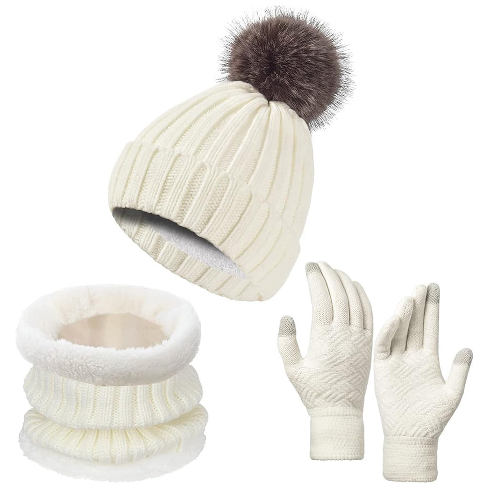 Ensemble Bonnet, écharpe Et Gants D'hiver Pour Femme - Épais, Doublure Polaire, Pompon, 4 Couleurs