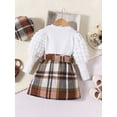 thumbnail image 3 of Bagilaanoe 3Pcs Toddler Baby Girls Autumn ClothesLong Puff Sleeve Ribbed Tops + Plaid Skirt with Belt + Beret 18M 24M 3T 4T 5T 6T Kids Casual Skirt Set, 3 of 7