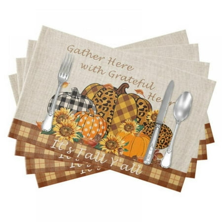 

Thanksgiving Table Runners With Placemats Set Of 4 - Happy Thanksgiving Turkey Fall Harvest Pumpkin Maple Leaf 13X18.9 Inch Cotton Linen Placemats For Dining Table
