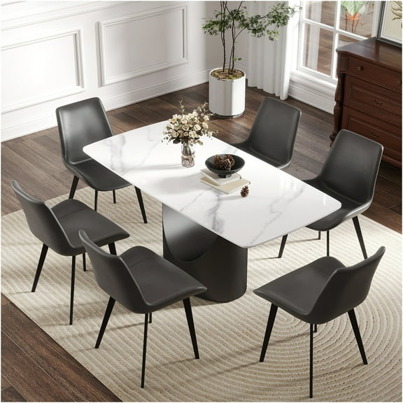 JERFIT 63-inch Modern Sintered Stone Dining Table with Curved Black Metal Legs for 6-8 Seats, White Rectangular Kitchen Table