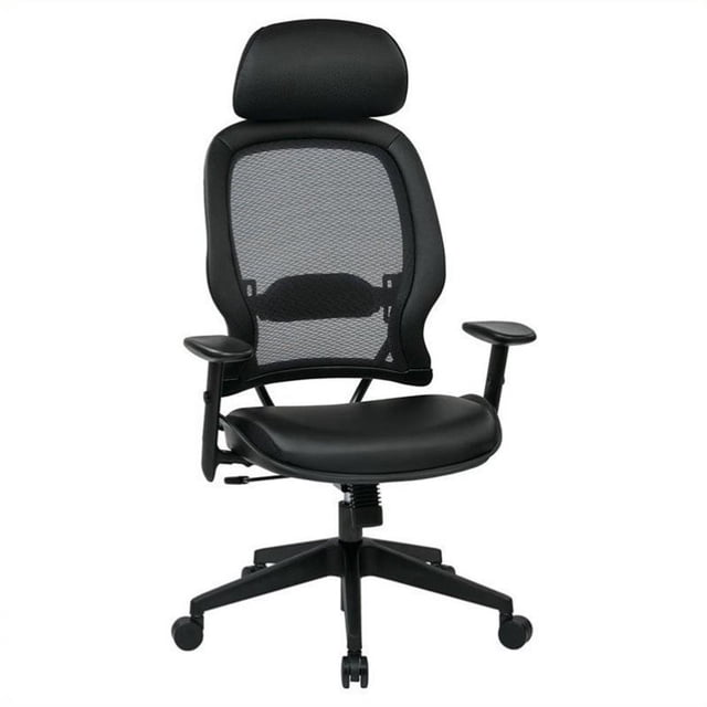 Chaise Noire à Grille Aérée Professionnelle avec Siège en Cuir Reconstitué, Appuie-Tête Réglable