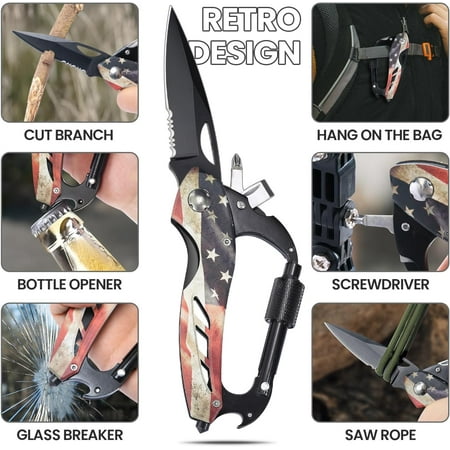 UYGDUY-Multitool Carabiner Knife Tools for Men Cool Gadgets Survival Gear with Folding Knives Bottle Opener Window Breaker and Screwdriver for Hiking Camping 7-in-1 EDC Multi Tool (USA Flag)