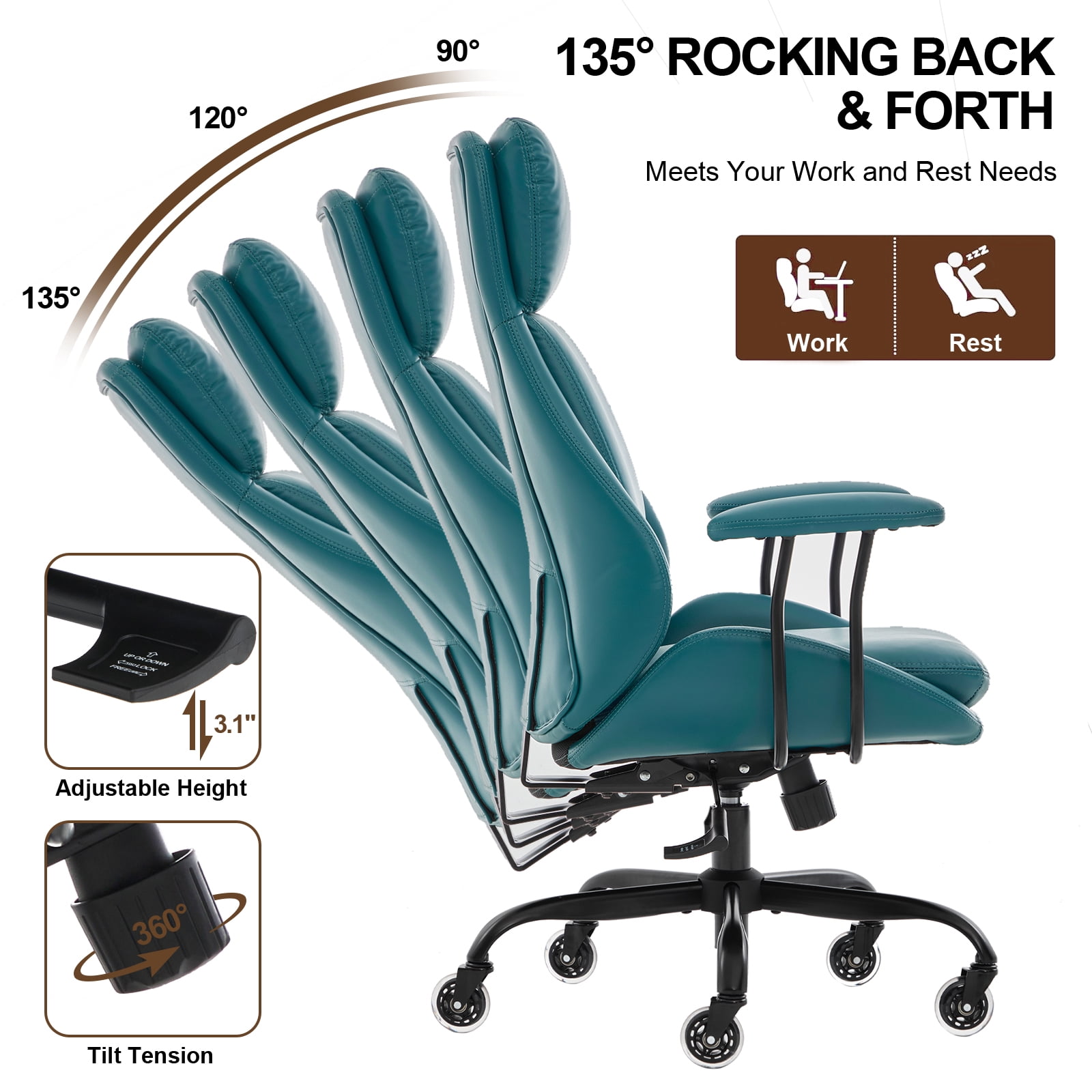 E-Motie Home Office Desk Chair, Ergonomic Computer Chair with Lumbar Support and Head Support, High Back Office Chair with Armrests, Adjustable Height, Rubber Casters, Green Leather