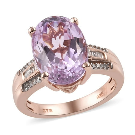 Diamond Kunzite Ring - AA Premium Kunzite Diamond Cocktail Ring Sterling Silver Size 8