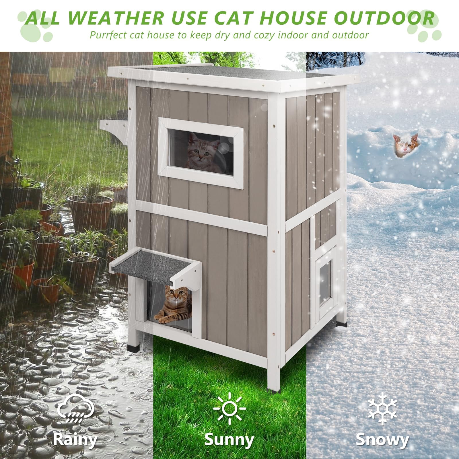 Gowoodhut Outdoor Cat House, 2-Story Feral Cat House with Escape Doors for Outside, Weatherproof