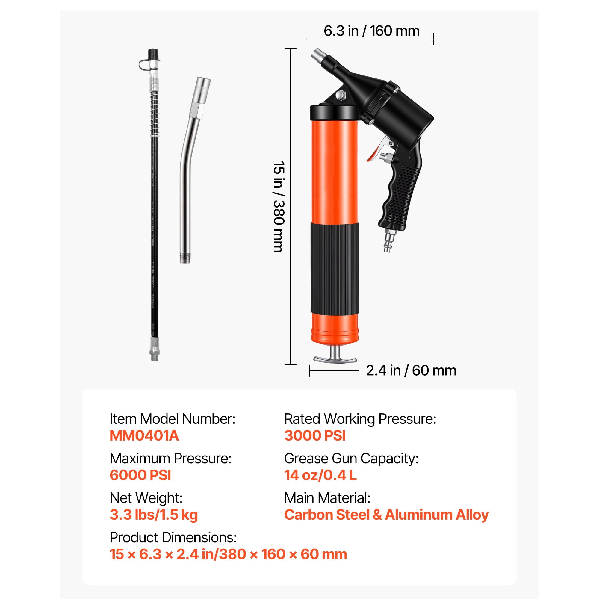KFFKFF Heavy Duty Grease Gun, 6000 PSI High Pressure, Pistol Grip Design with 14 oz Capacity, Includes 18-Inch Flexible Hose, Rigid Extension Pipe, and Flat Nozzles for Automotive Use