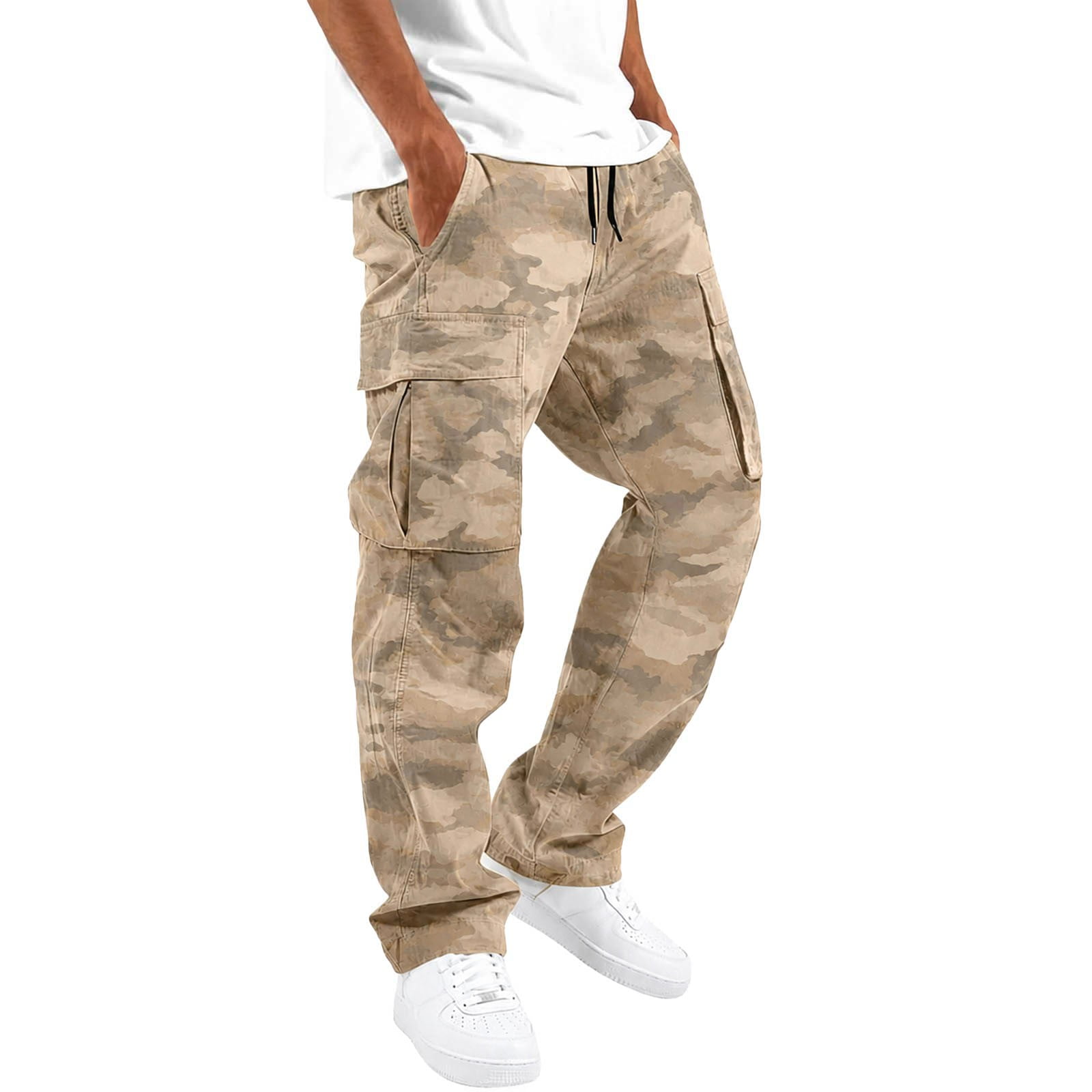 VOUZZA Mens Cargo Pants Desert Camouflage Print Elastic Drawstring Waist Relaxed Trousers with Multiple Utility Pockets Cargo Pants