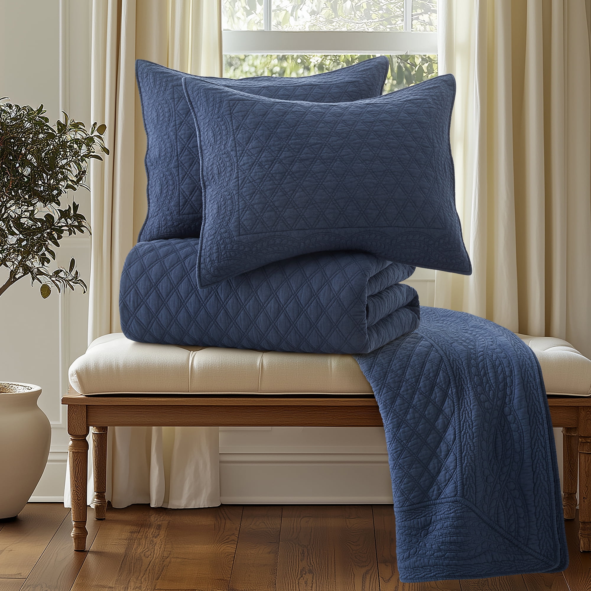 Levtex Home - Ballou Quilt Set - Full/Queen Quilt and Two Standard Shams - Bordered - Navy - Quilt (88x92in.) and Shams (20x26in.) - Reversible - Cotton