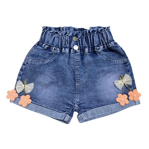 Girls Summer Denim Shorts Bowknot Decor Casual Pull-On Short Jeans Elastic Waist Cute Toddler Shorts 4T