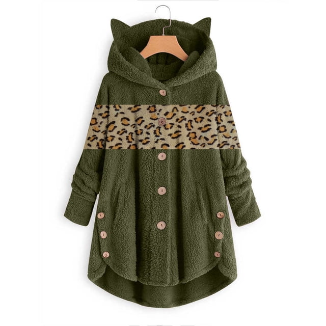 Puntoco Mujer Botón Felpa Tops Con Capucha Cárdigan Suelto Leopardo Patchwork Abrigo Chaqueta Liquidación Puntoco Puntoco-4266