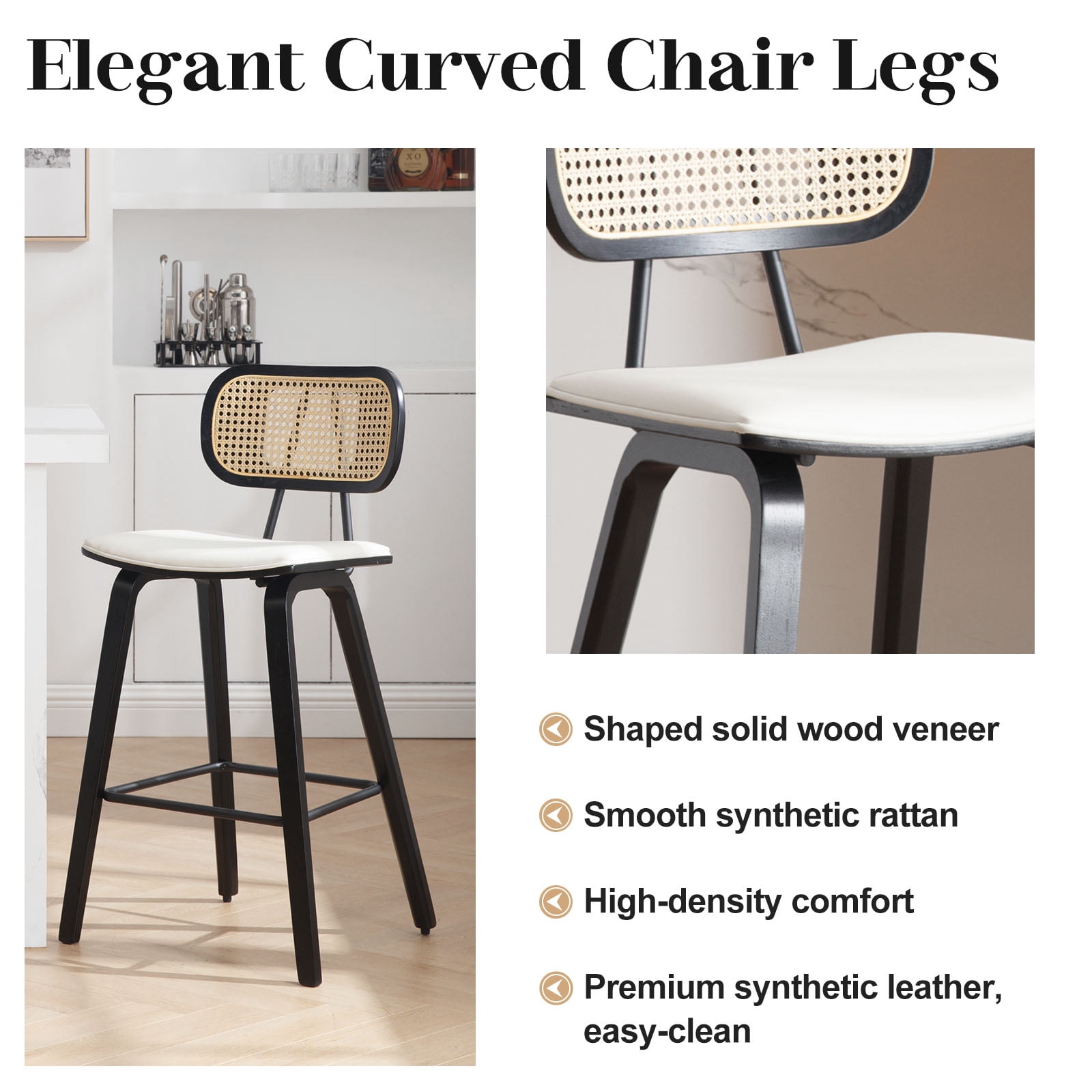 WOOW DEPOT PU Bar Stools 26" Counter Height w/ Rattan Back Set of 1, Modern Black Bent Wood Bartool Leather Upholstered Chair for Kitchen Pub Island Dining Room