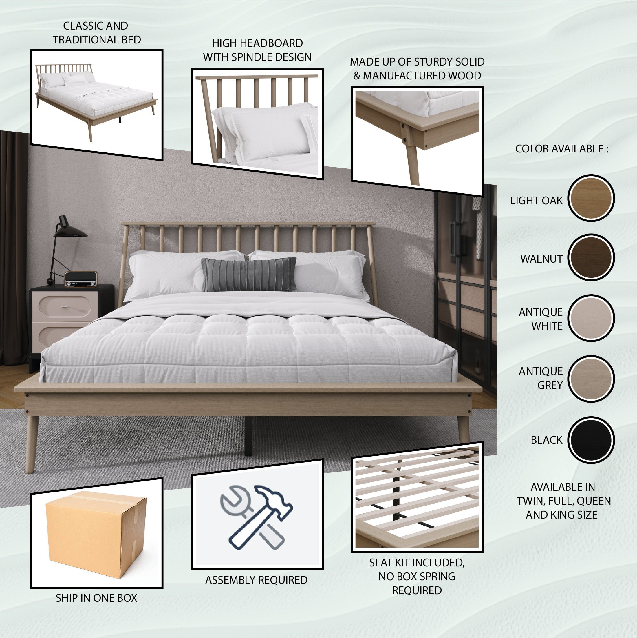 Castle Place Vintage Spindle Wooden Queen Platform Bed, Antique Grey
