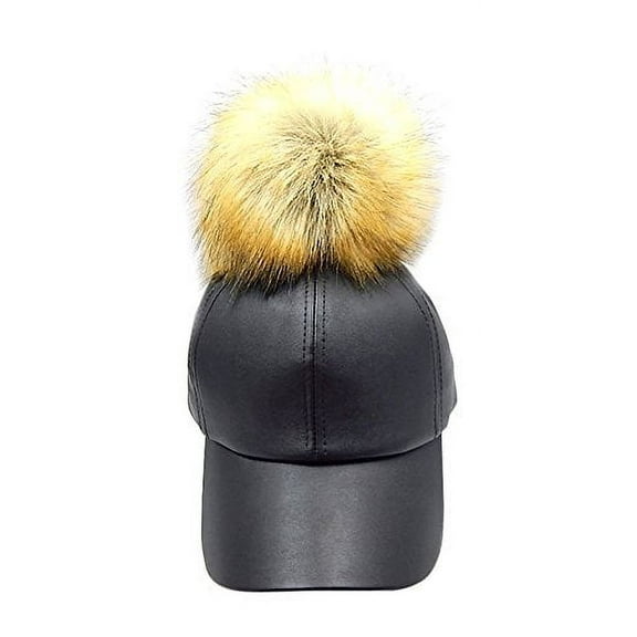 2Chique Boutique Women's Black Leather Big Pom Pom Baseball Hat (Brown)