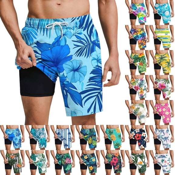 Momasggi Mens Swim Trunks with Liner 7 inch Bathing Suits Drawstring Elastic Waist 2 in 1 Beach Shorts Tropical Print Swim Shorts with Pockets Blue L