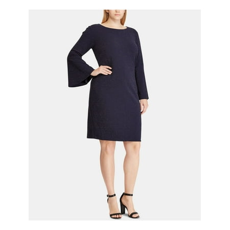 Metallic Knit Dress - RALPH LAUREN Womens Navy Metallic Knit Ponte Bell Sleeve Jewel Neck Above The Knee Wear To Work Dress Plus Size: 20W
