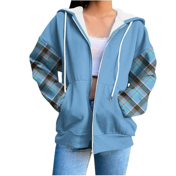Erwazi Oversized Hoodies for Women Zip Up Patchwork Hooded Sweatshirt Casual Trendy Fall Jacket with Pockets