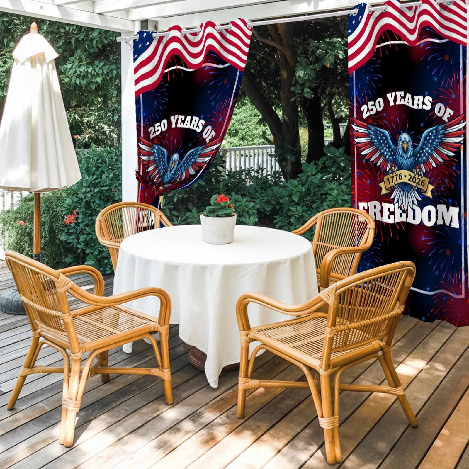 Independence Day Outdoor Curtains for Patio, 250 YEARS OF FREEDOM Cartoon Bald Eagle Sunshade Privacy Drapes Grommet Waterproof Outside Curtains for Porch/Cabana/Balcony 54"x 108", 1 Panel