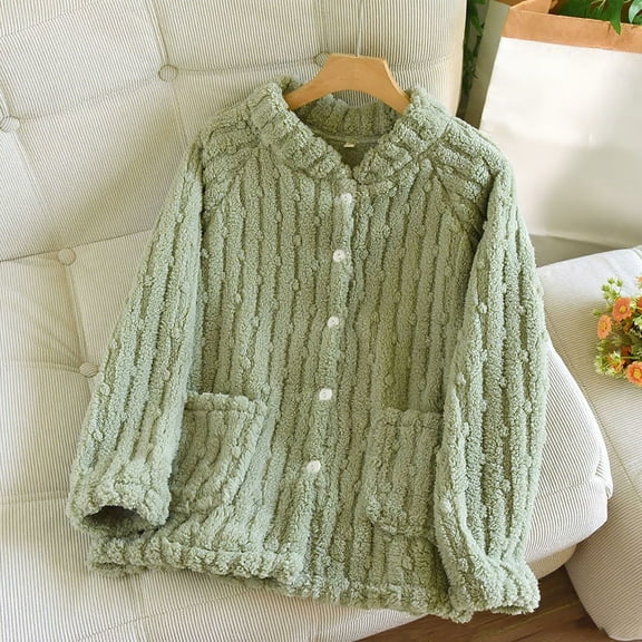Women Pajama Tops Button down Sleepwear Fuzzy Fleece Jacket Long Sleeve Soft Warm Winter Coat with Pockets New Green M