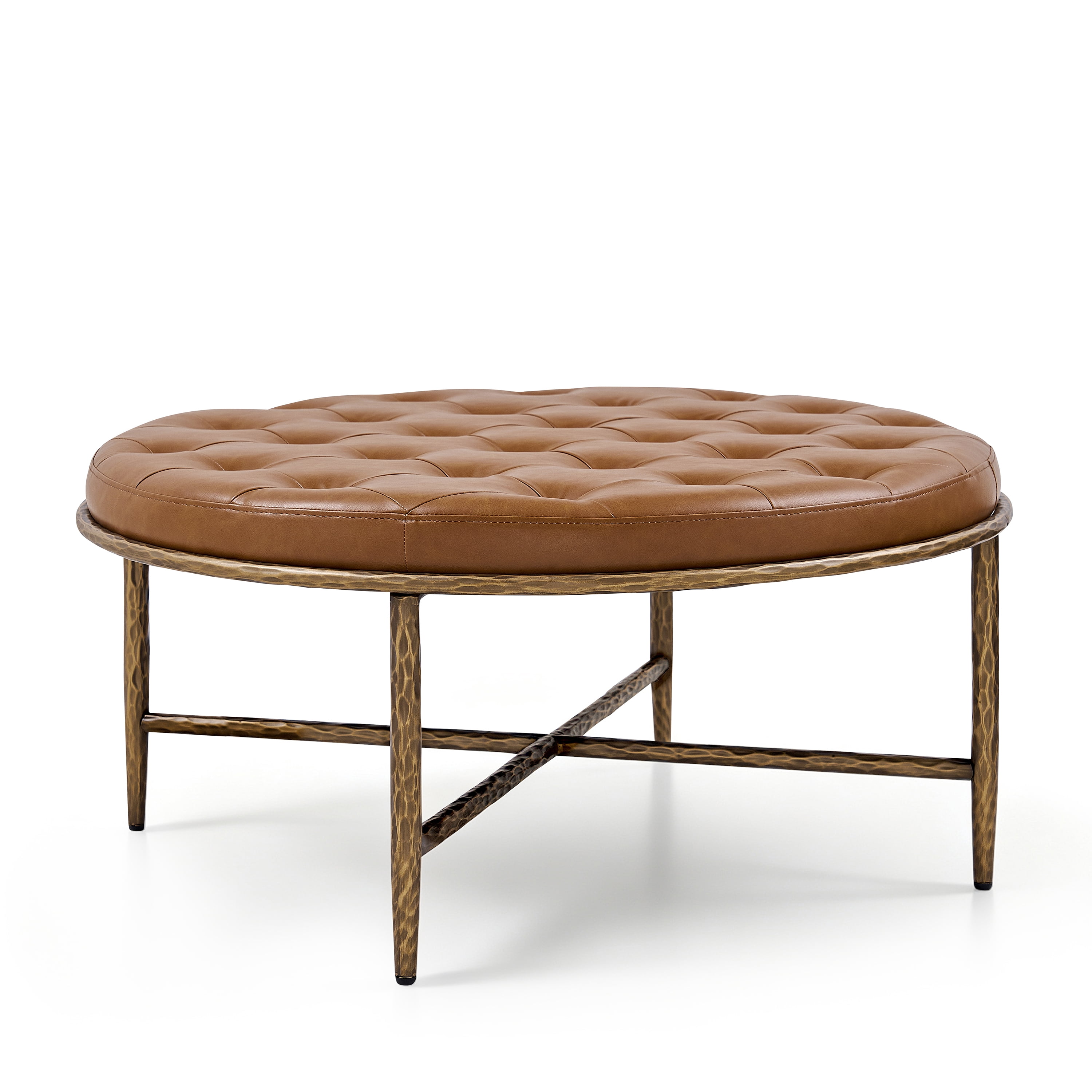 Euroco 36" Round Tufted Ottoman Coffee Table,PU Leather Upholstered Footstool Center Table with Hammered Metal Frame & X-Base for Living Room,Brown