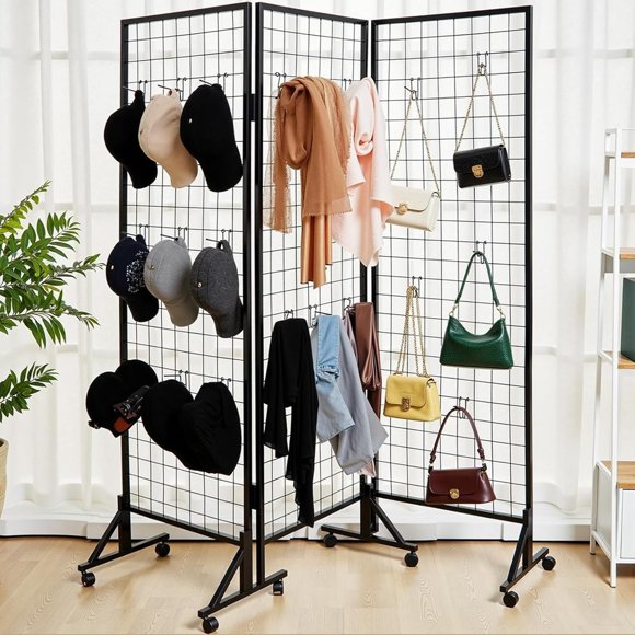 BBTEQEKN 3-Pack Grid Wall Panels Show Stand, 2*5.8ft Linkable Show Racks with T-Base Floorstanding Wheels and 10 Hooks, Heavy Duty Floor Standing Movable Retail Show Stand For Vendor Events