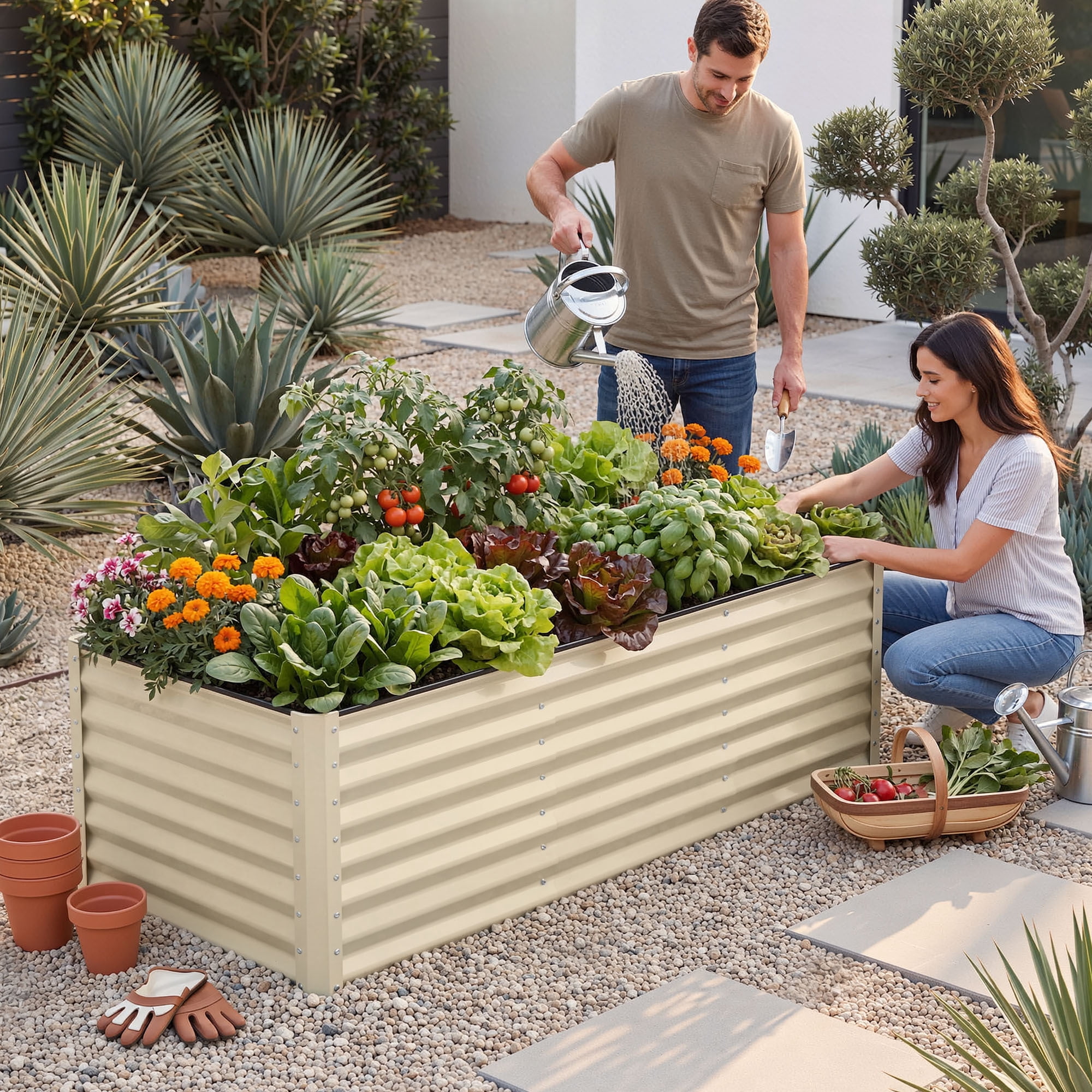 Uforic 8x4x3ft 1 Pack Galvanized Metal Raised Garden Bed Kit with Gloves, Support Rod and Safety Rubber, Cream White