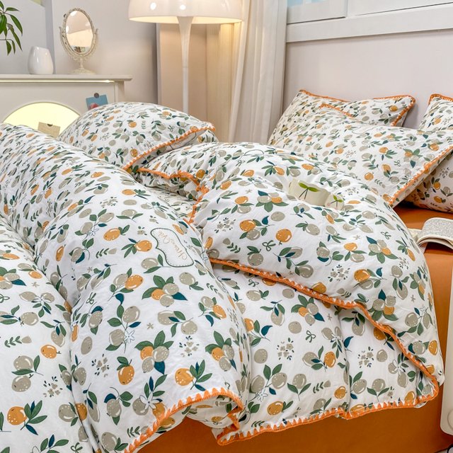 INS Girls Cherry Bedding Set Soft Washed Cotton Bed Sheet Queen King Size Simple Quilt Cover Pillowcase Bed Linens