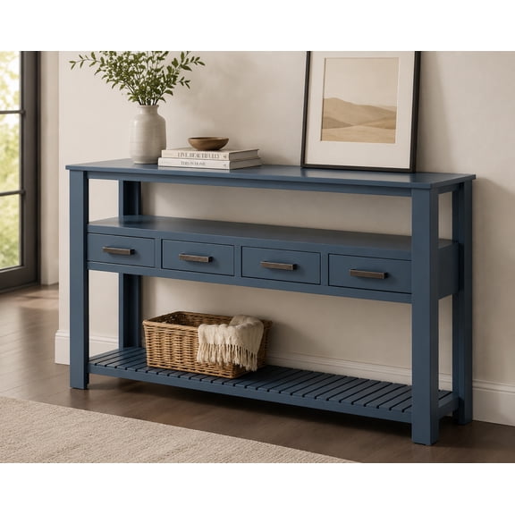 Console Table with 4 Drawers and 3-Tier Open Shelves, 61.5'' Sofa Table Behind Couch with Metal Handles, Entryway Table for Living Room Foyer and Kitchen