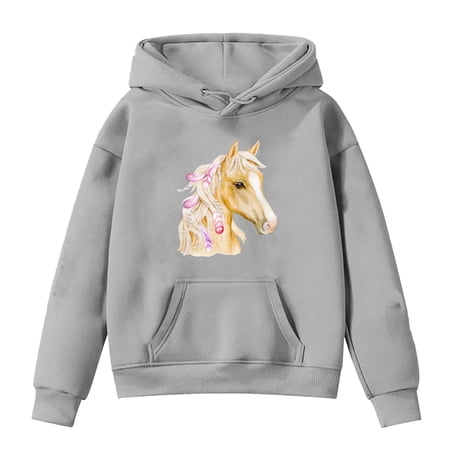 Weebloom Girls Hoodie Kids Horse Print Long Sleeve Hoodies Stylish Vacation Dailywear 4-5 Years