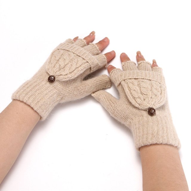 Gants d'Hiver Mode Couleur Unie Tricot Bouton Flip Mignon Double Usage Chaud Demi-Doigt
