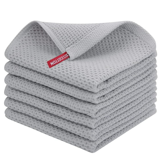 Ht Viik100% Cotton Waffle Weave Kitchen Dish Cloths, Ultra Soft Absorbent Quick Drying Dish Towels, 12x12 Inches, 6-Pack, Light Grey