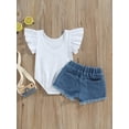 thumbnail image 4 of Bagilaanoe 4th of July Clothes for Toddler Baby Girls Letter Star Print Fly Sleeve Romper Tops + Ripped Jeans Denim Shorts 1T 2T 3T 4T 5T 6T Kids Independence Day Outfits 2pcs Short Pants Set, 4 of 8