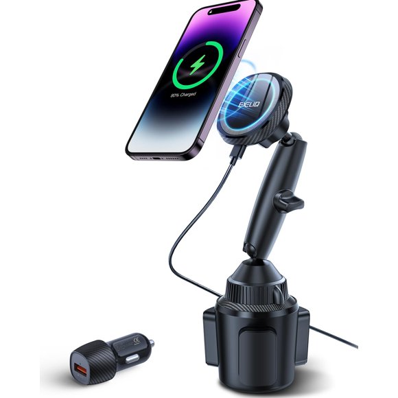 EXELIQ Cup Holder Charger Mount for Magsafe, Wireless Magnetic Car Mount Charger with Heat Dissipation System, Fast Charging Phone Holder for iPhone 17 16