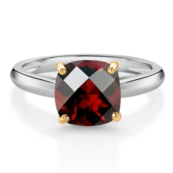 Gem Stone King 2.50 Cttw Red Garnet Solitaire Engagement Ring for Women | 925 Sterling Silver and 10K Yellow Gold | Cushion Checkerboard 8MM | Gemstone January Birthstone | Size 8