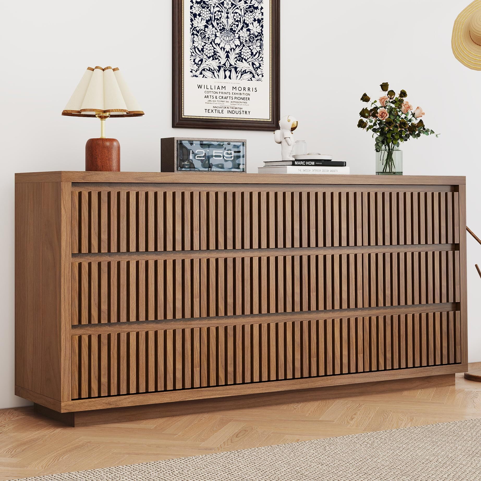 Fluted Long 9-Drawer Dresser, 58'' Mid Century Wood Chest of Drawers, Large Bedroom Clothes Organizer & Walnut TV Stand