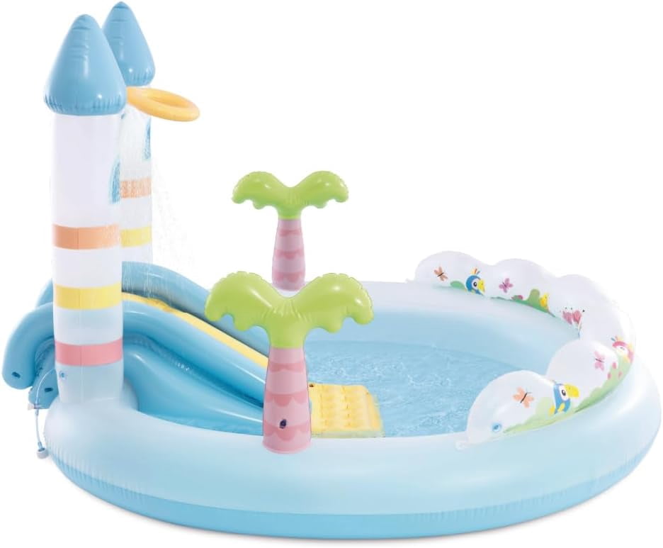 56148EP Unicorn Castle Inflatable Kiddie Pool: Inflatable Kids Pool with Water Sprayer and Slide - Splash Pad - 77" x 70" x 50" - Ages 3+