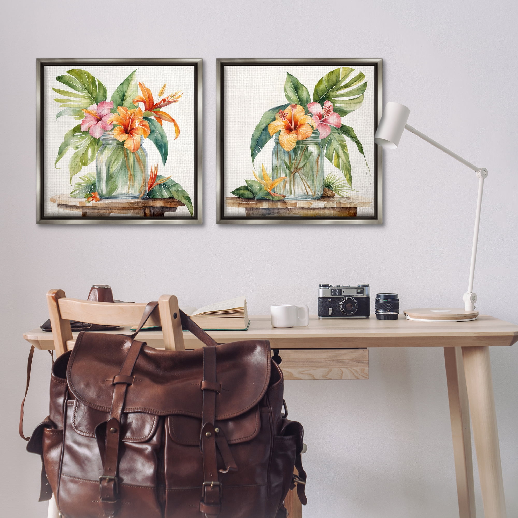 Stupell Industries Tropical Hibiscus Floral Jar Plants & Flowers Painting Gray Floater Framed Canvas Art Print Wall Art, 25 x 25, Set of 2