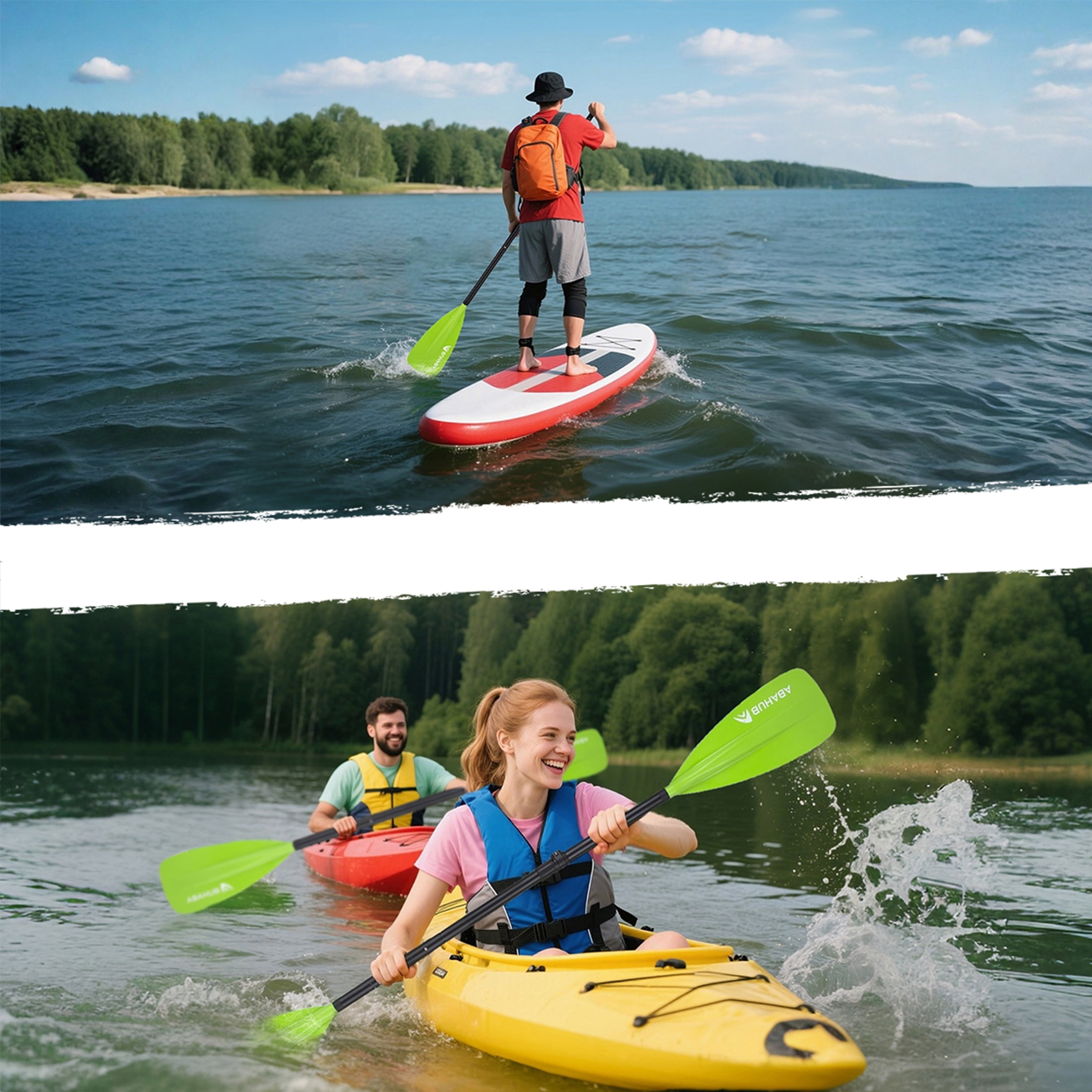 AbahubFit Paddle Oars for SUP and Kayak 2-IN-1, Adjustable Lightweight Paddle (4-Piece), Aluminum Shaft 68-84"(Green)