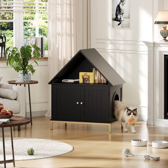 Modern House-Shaped Hidden Cat Litter Box Enclosure – Odor Control, Mark Pad, Double Doors, Multi-Use Cat Washroom Cabinet – Black