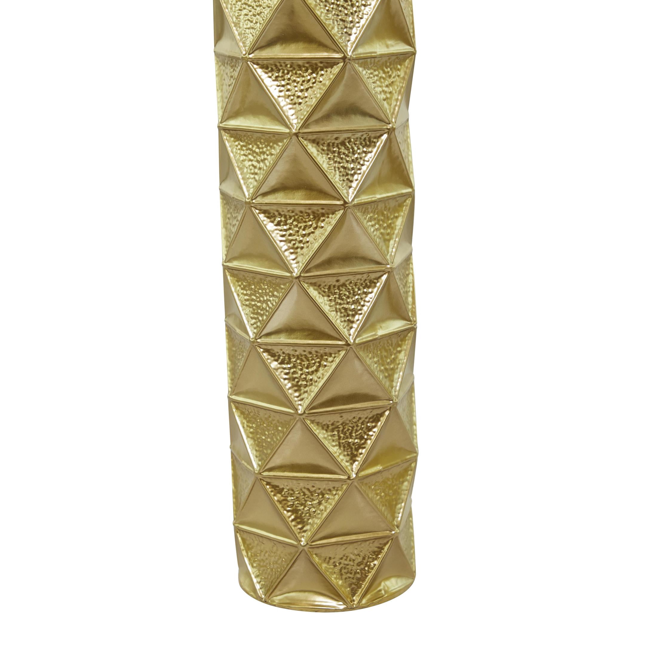 DecMode 34", 29", 25"H Geometric Tall Distressed Metallic Gold Metal Vase with 3D Triangle Patterns, Set of 3