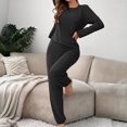 thumbnail image 4 of Womens Pajama Set with Pockets Solid Color Long Sleeve Shirt and Pajama Pants Pj Set Black XL, 4 of 7