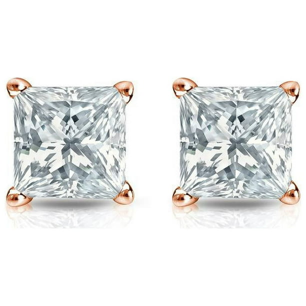 JeenMata Aros Tipo Botón Solitario de 4 Puntas con Diamantes de Talla Princesa de 0,5 Quilates Bañados en Oro Rosa de 18 K sobre Plata