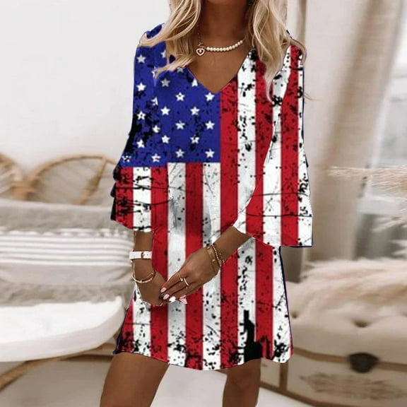 SELONE Fourth of July 3/4 Sleeve Dresses Cocktail Women Plus Size Fashion Holiday Wear Wine M