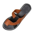 thumbnail image 2 of Women's Open Toe Flat Sandals Faux Leather Summer Slippers Slip on Slides Brown 8, 2 of 6