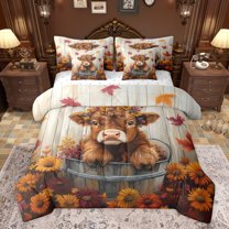 Castle Fairy Cartoon Highland Cow Twin Bedding Sets 7-Piece for Kids Teens Adults,Chic Flowers Vintage Cabin Bedding Comforter Set Microfiber,Rustic Farmhouse Animal Breathable Sheet Sets