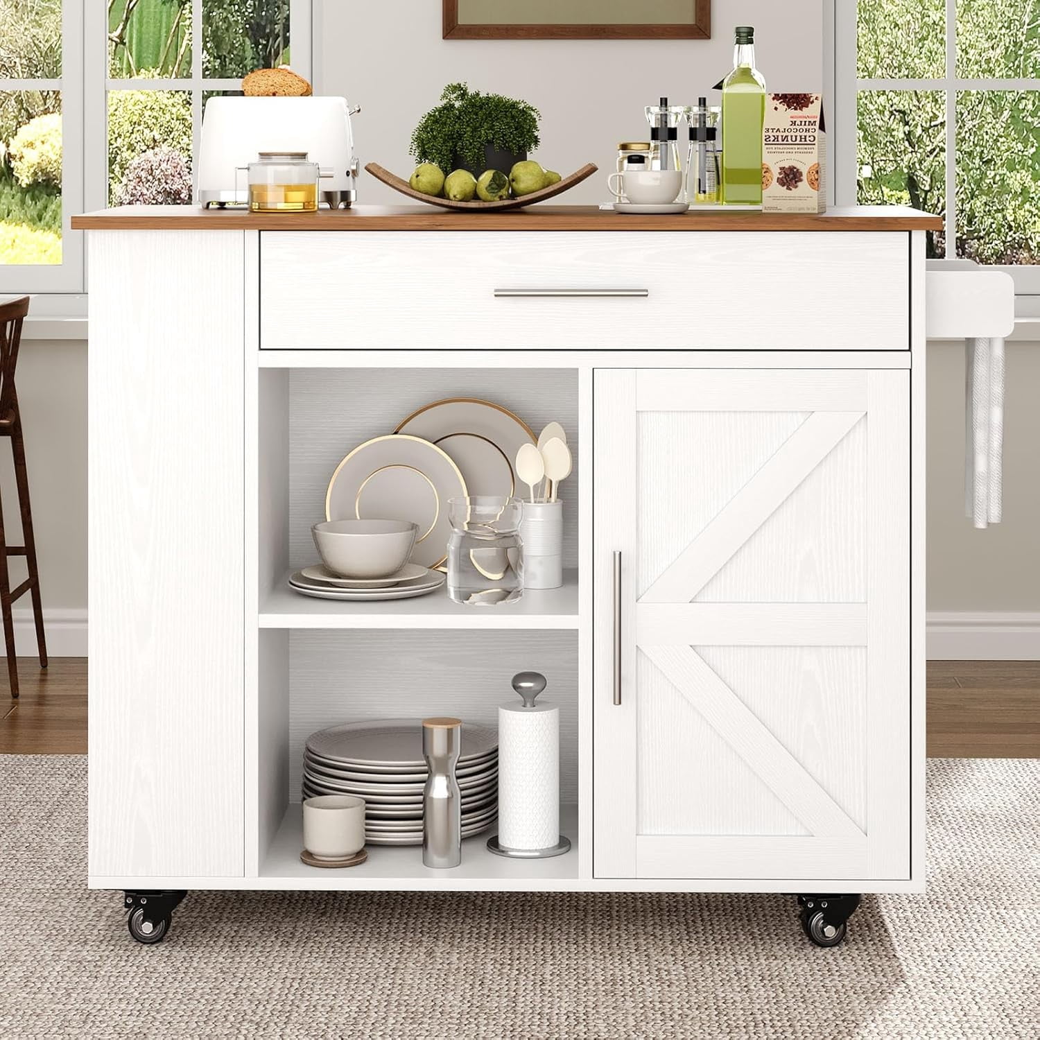DreamCurship 39" Kitchen Island Cart with Storage, Kitchen Cart Island on Wheels, Rolling Kitchen Island with Spice Rack & Towel Rack, Island Table for Kitchen, White