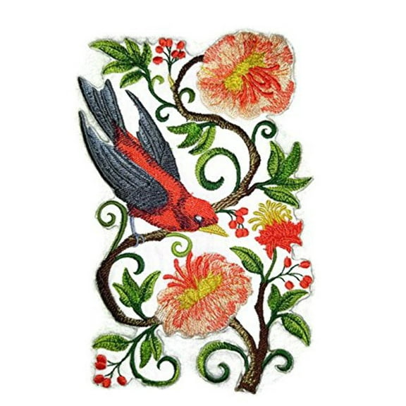 Scarlet Tanager in Flowers Embroidered Iron on/Sew patch [4" X 5.25"]