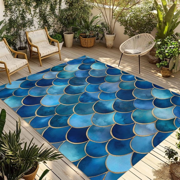 Fsddascl Blue Ombre Scale Outdoor Rug for Patio/Deck/Porch, Non-Slip Large Area Rug 6 x 9 Ft, Abstract Art Ocean Coastal Indoor Outdoor Rugs Washable Area Rugs, Reversible Camping Rug Carpet Runner
