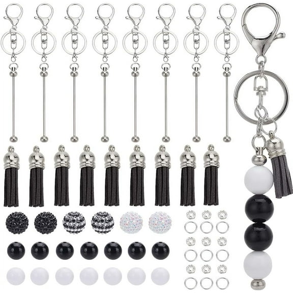 DIY 6 Sets Beadable Keychains Making Kit Halloween Keychain Set Beadable Keychains Black White Rhinestone Beads Gift Supplies