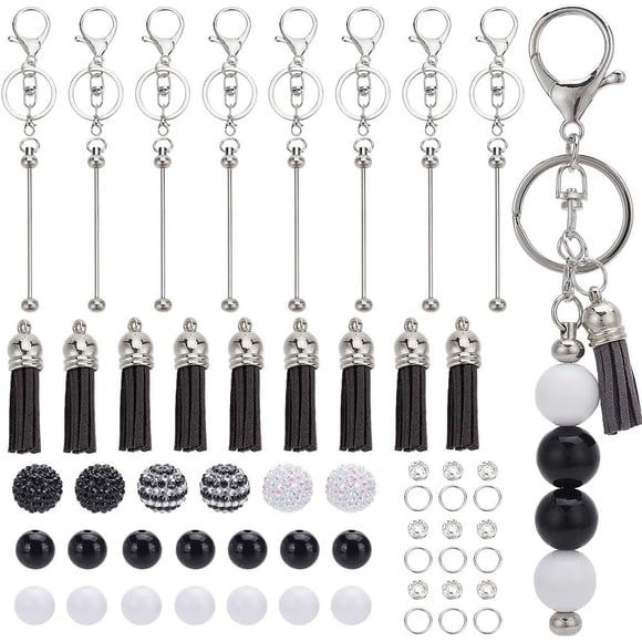 DIY 6 Sets Beadable Keychains Making Kit Keychain Set Beadable Keychains Black White Rhinestone Beads for Key Chains Crafts Teachers Students Gifts Office School Gift Supplies
